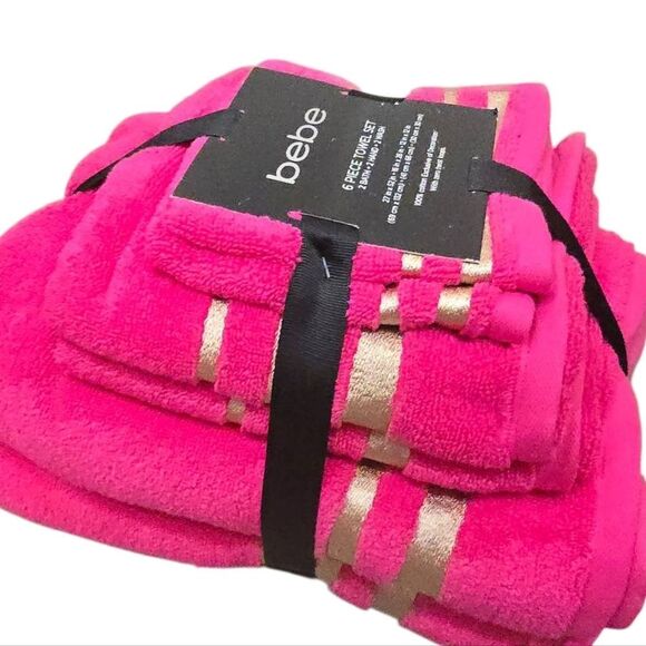 Bebe 6-Piece Gold Striped Embroidered Towel Set- Pink/Gold - Picture 1 of 7